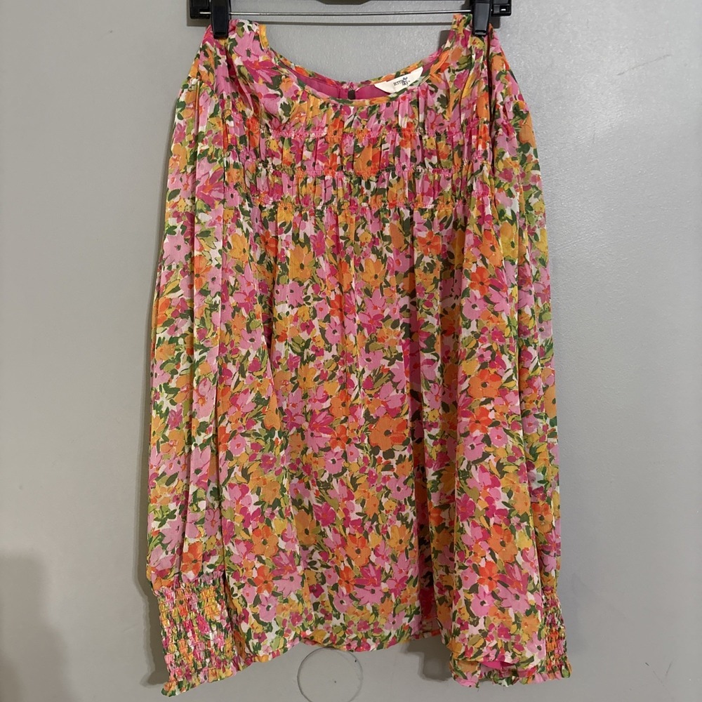 terra & sky smocked floral print elastic wrist long sleeve sheer pink liner 2XL